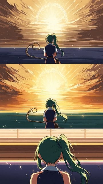 Anime Girl Sunset Ocean with Staff Wallpaper