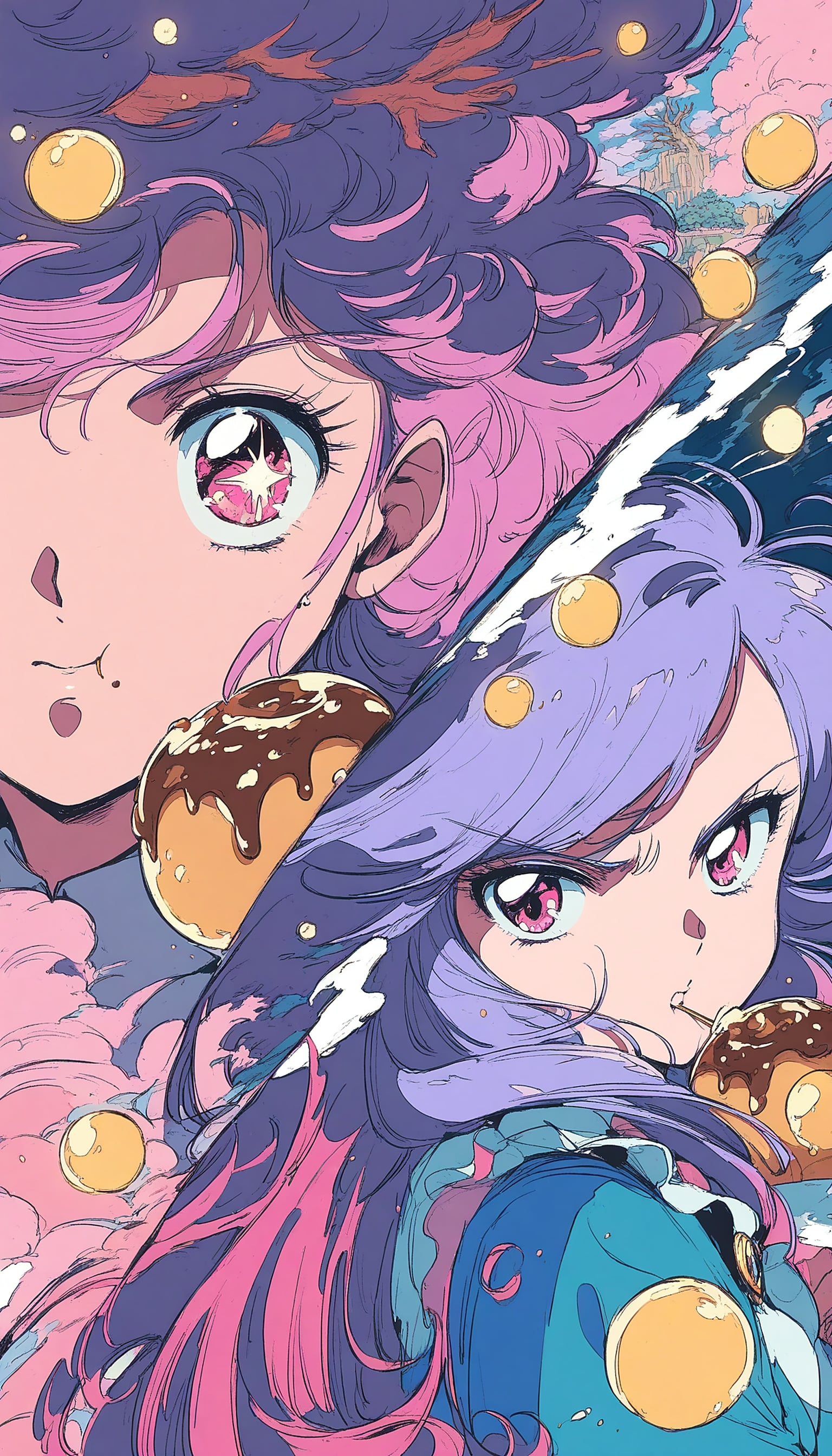 Anime Girls Donut Dream Purple Pink Hair, anime girl, pink hair, purple hair, donut, cute, manga style