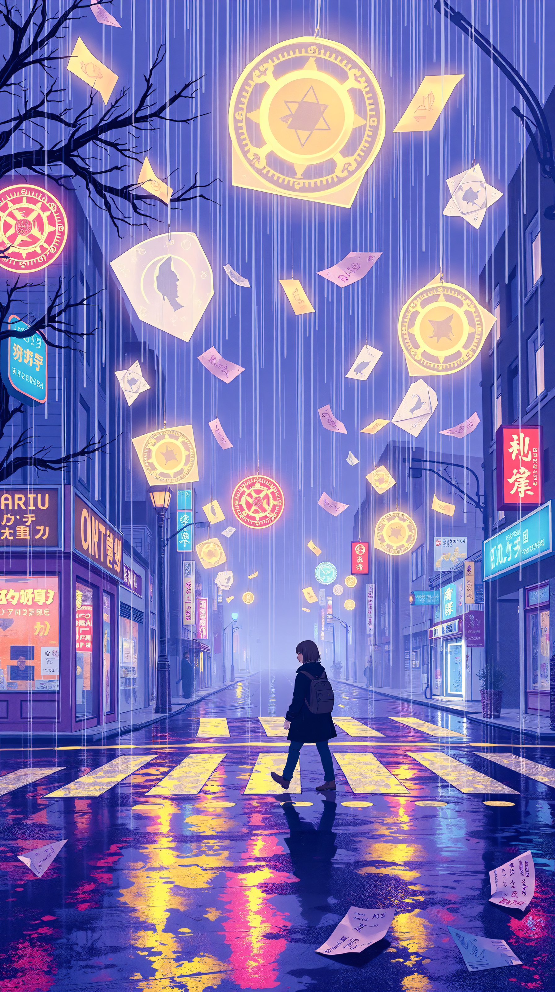Magical Rainy City Street with Floating Talismans, rainy city, fantasy street, magic, talismans, night, purple aesthetic