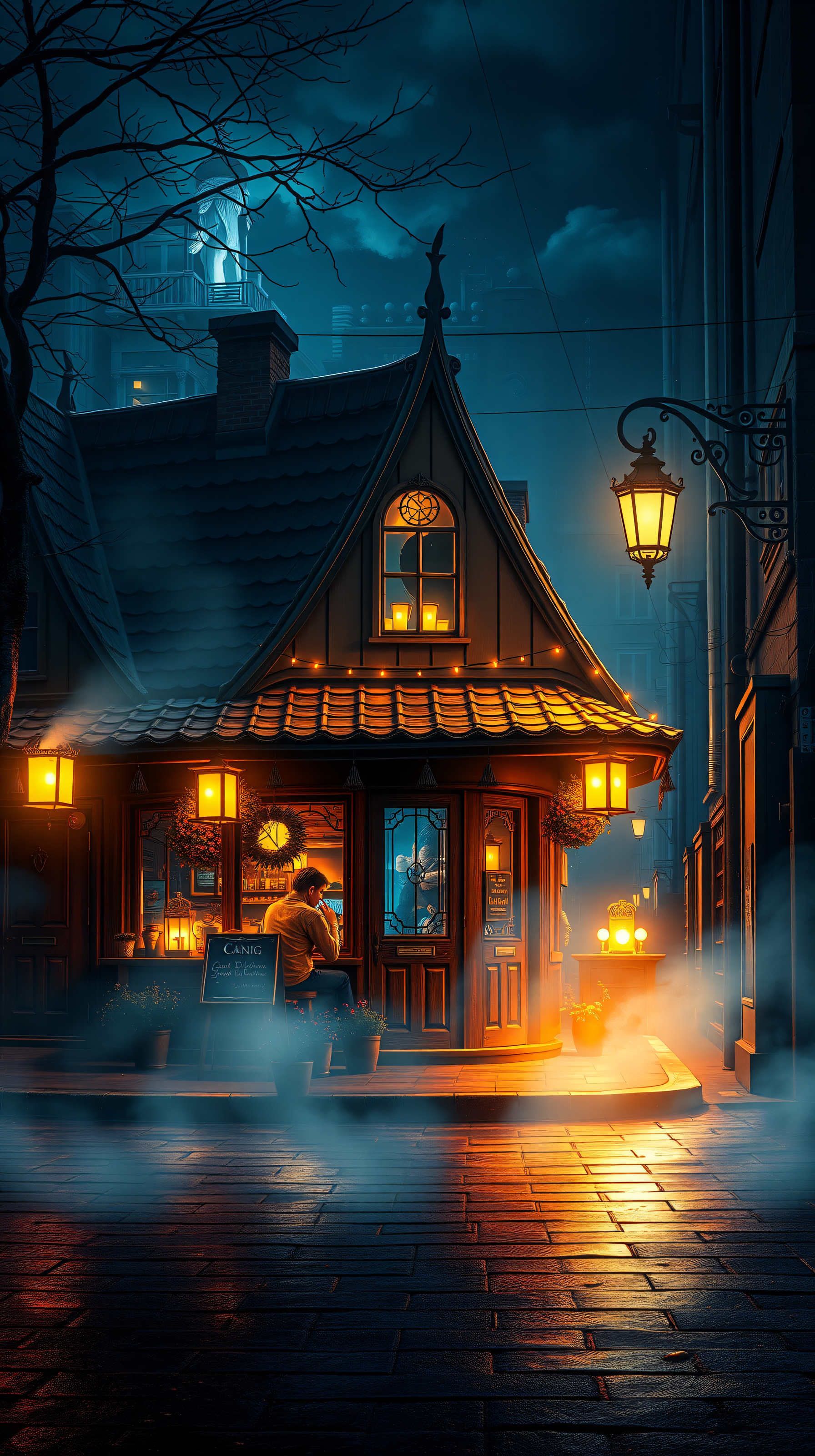 Cozy Tavern Street at Night with Warm Lanterns, tavern, night street, lanterns, cozy, fantasy city, warm glow