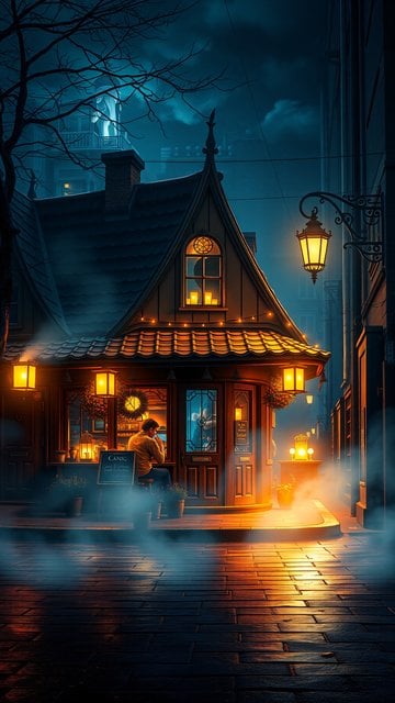 Cozy Tavern Street at Night with Warm Lanterns