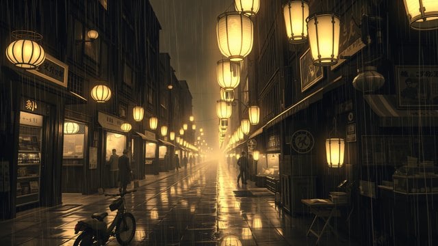 Rainy Night Street with Glowing Asian Lanterns