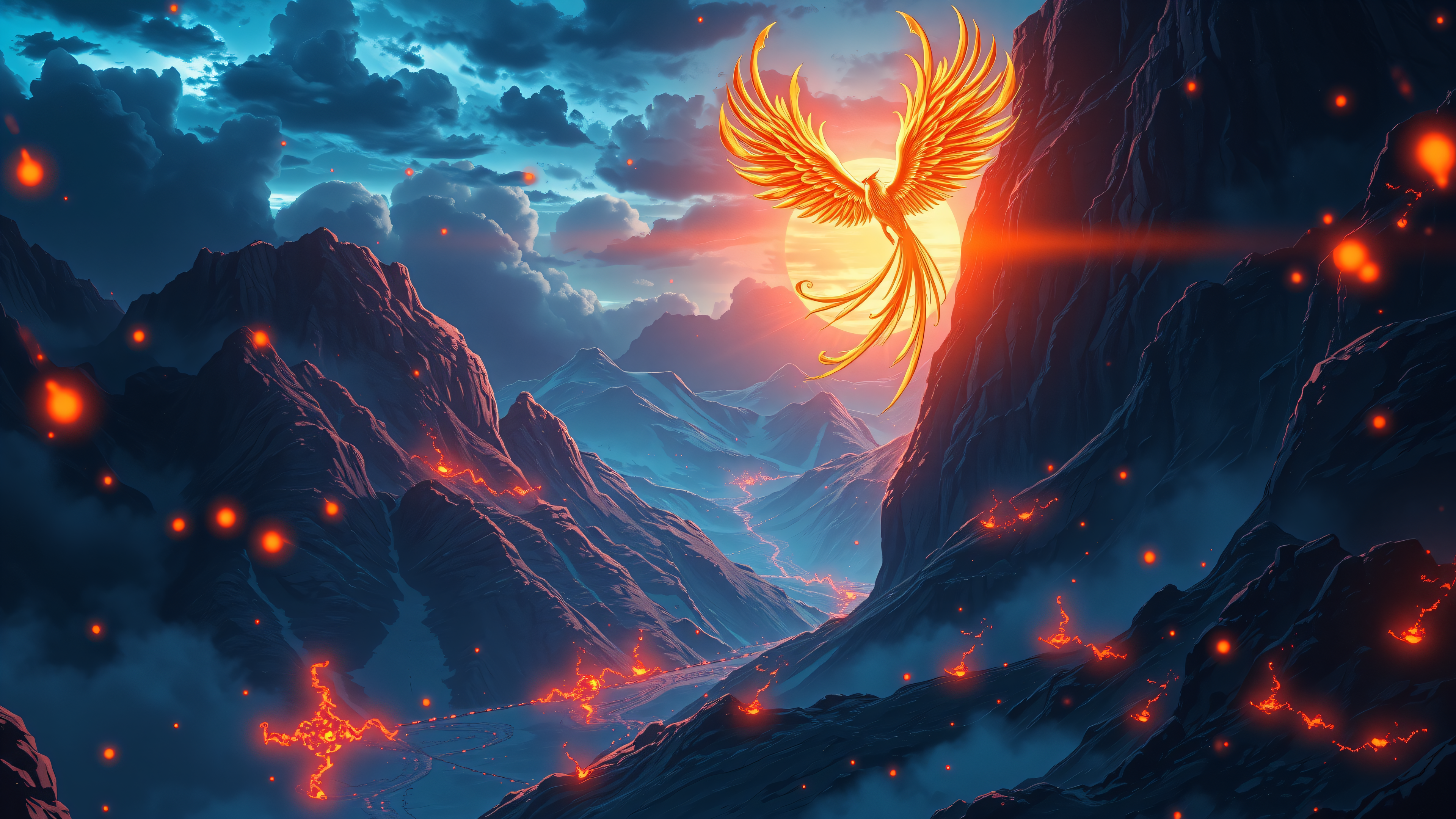 Fiery Phoenix Over Blue Mountains, phoenix, fantasy, mountains, lava, mythical creature, fire