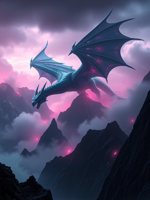 Neon Dragon Soaring Over Misty Pink Mountains