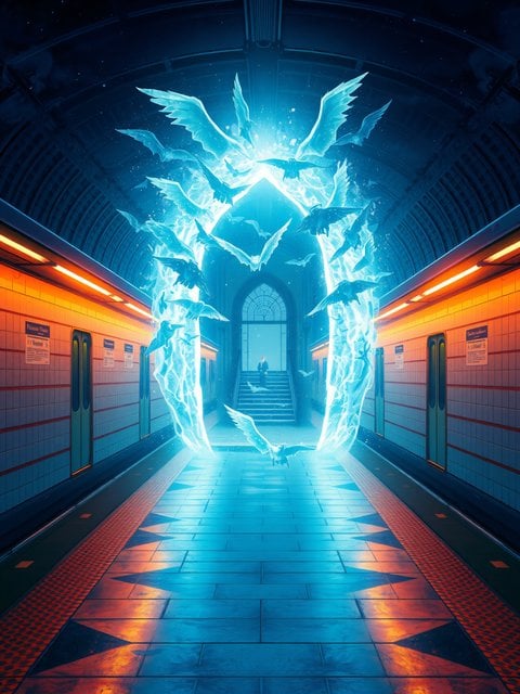 Mystical Subway Portal with Spirit Birds