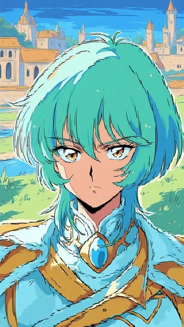 Anime Warrior with Teal Hair & Castle Background