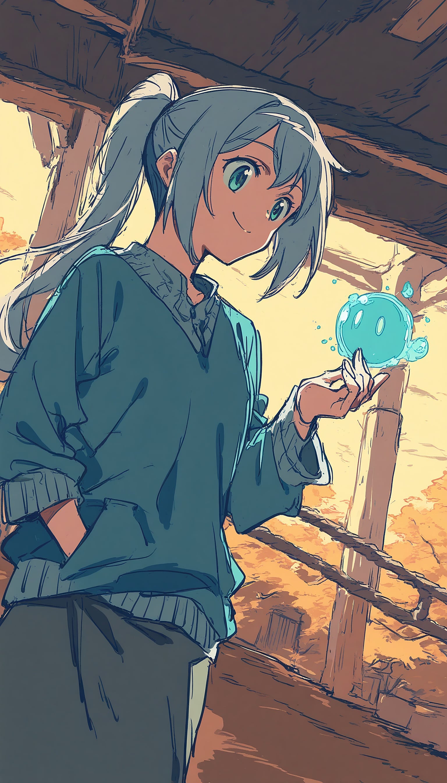 Anime Girl Holding Blue Slime at Sunset, anime girl, blue hair, slime, fantasy creature, sunset, warm tones