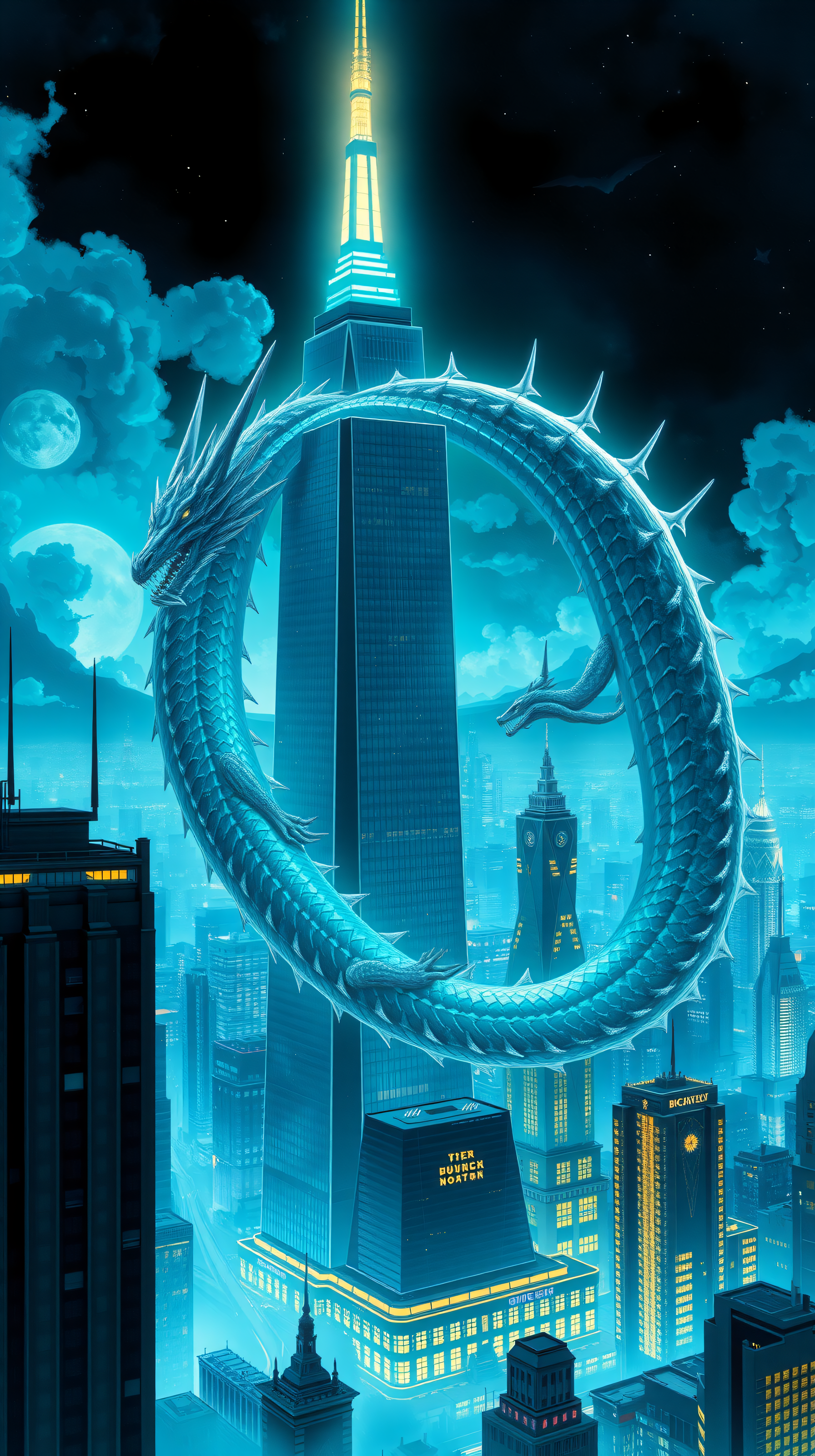 Cyberpunk City Dragon Moonlit Night, dragon, cyberpunk, fantasy, cityscape, night, moon