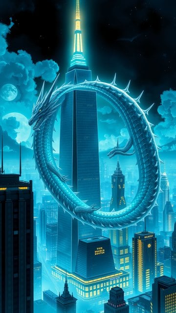 Cyberpunk City Dragon Moonlit Night