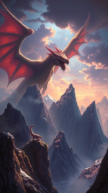 Red Dragon Over Mountain Valley Sunset Fantasy