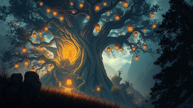 Enchanted Lantern Tree Fantasy Landscape Wallpaper