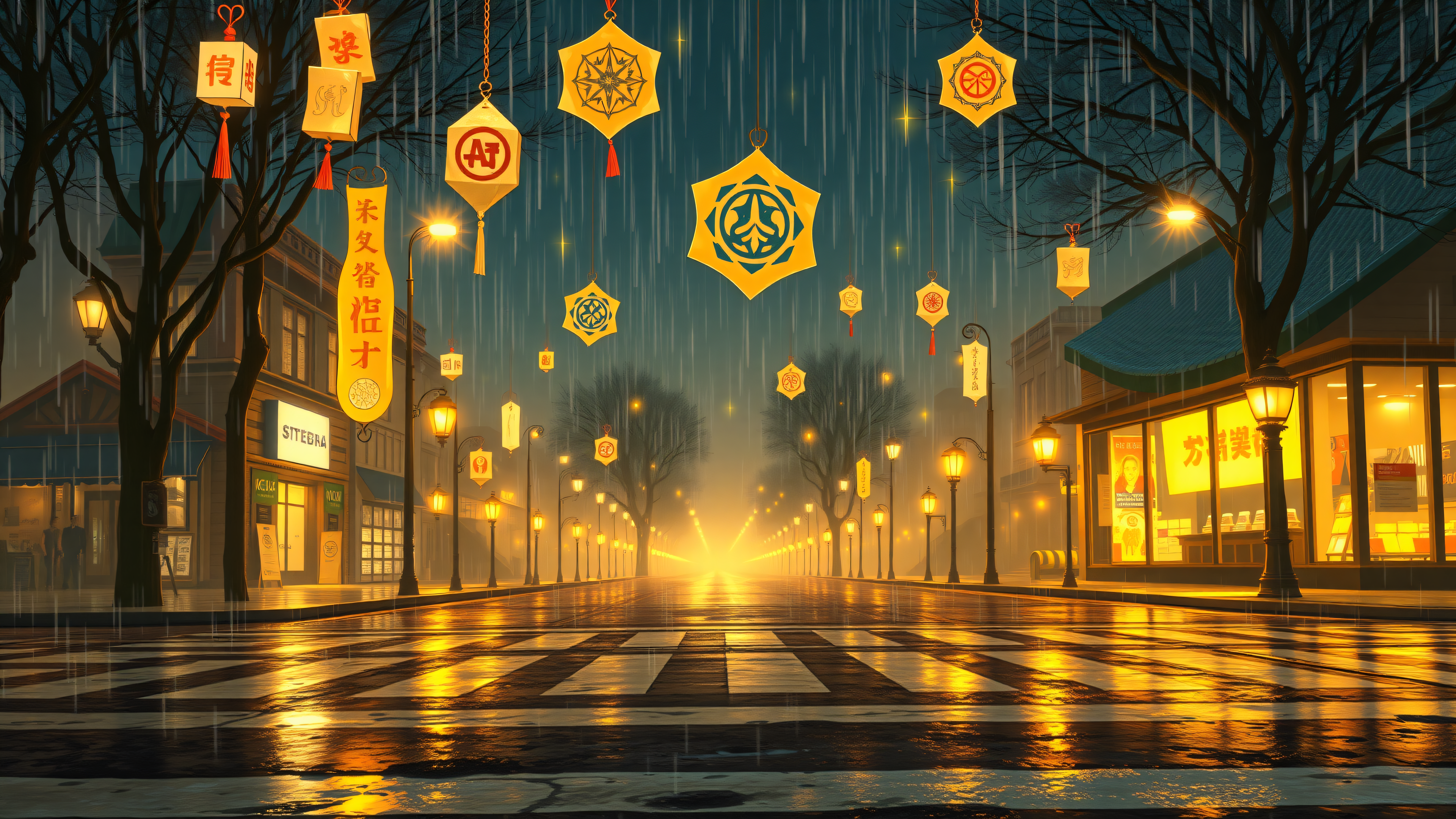 Rainy City Street with Asian Lanterns, rainy city, night street, asian lanterns, streetlights, wet road, urban night