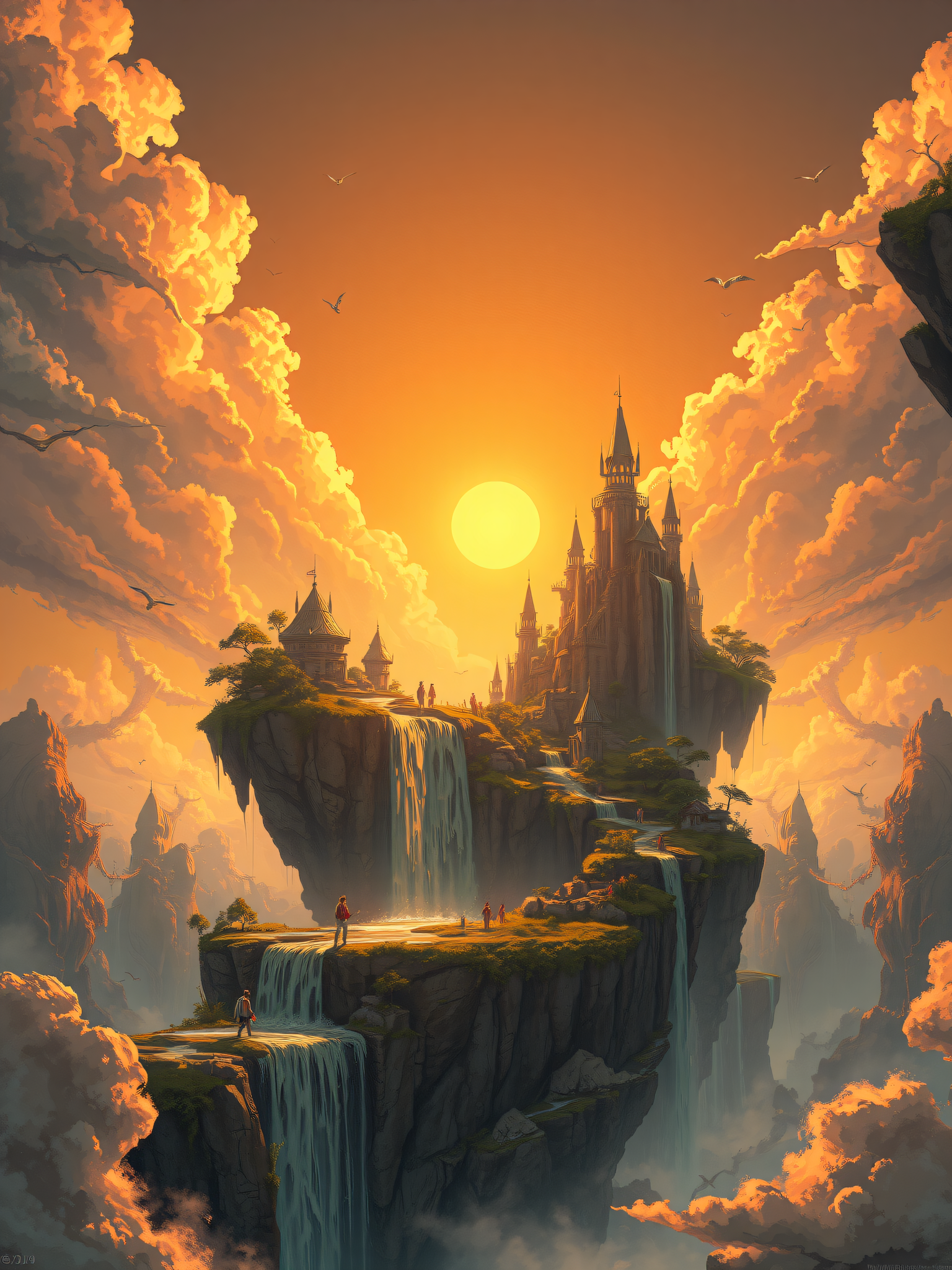 Fantasy Castle on Floating Island Sunset Waterfall, fantasy, castle, floating island, waterfall, sunset, golden hour