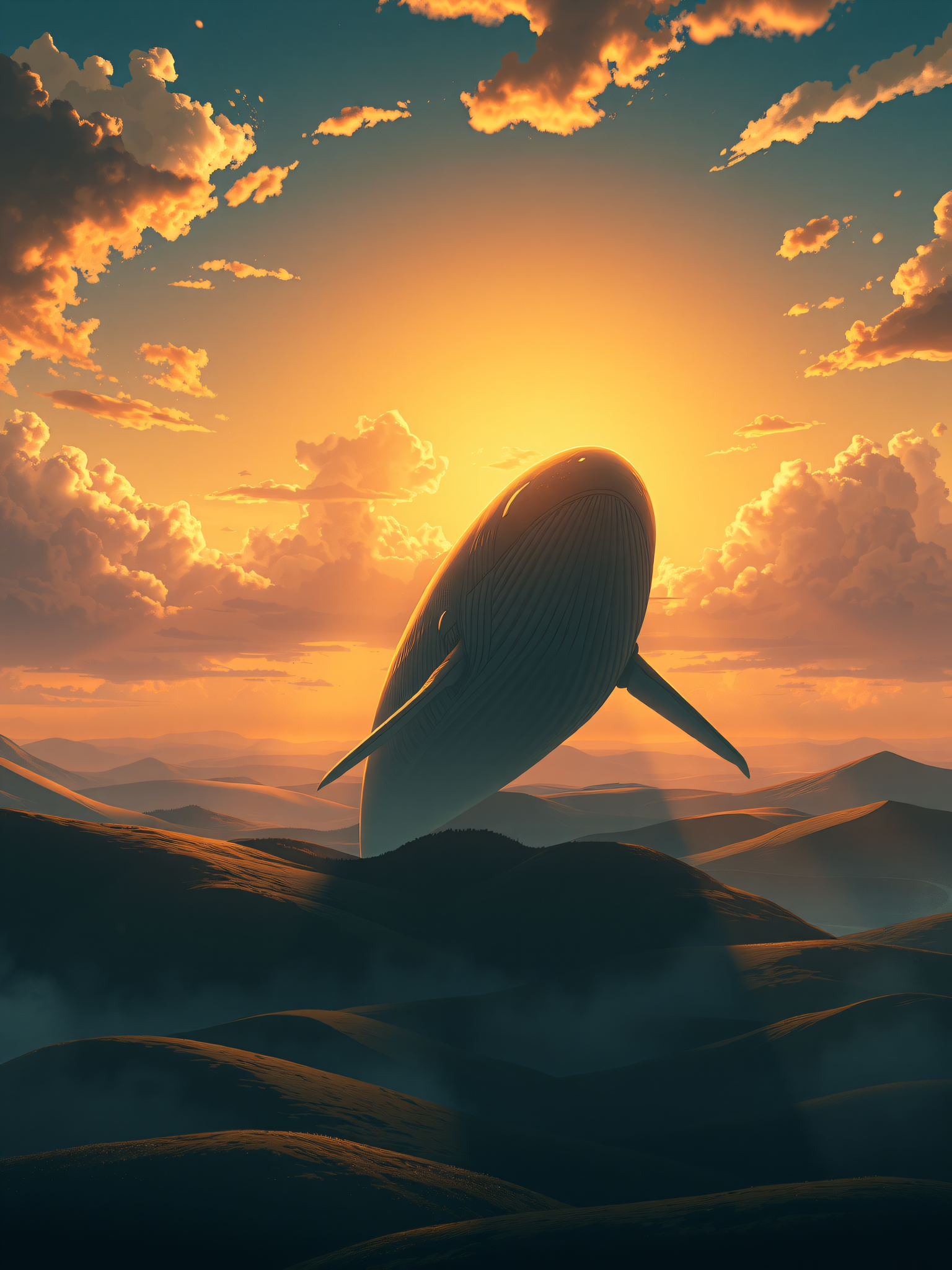 Flying Whale Sunset Dreamscape, flying whale, sunset, dreamscape, fantasy, ocean mammal, golden hour