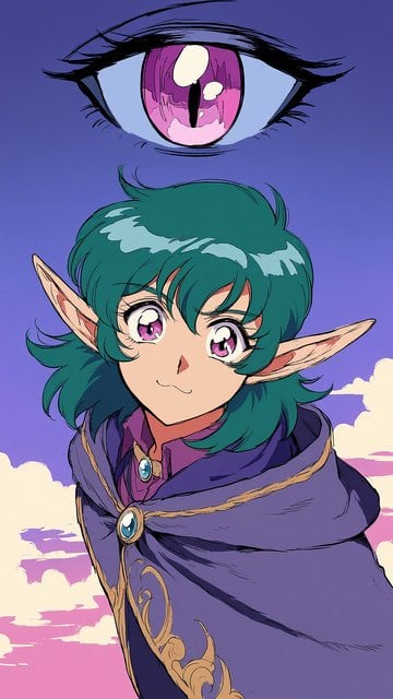 Anime Elf with Green Hair and Purple Cloak