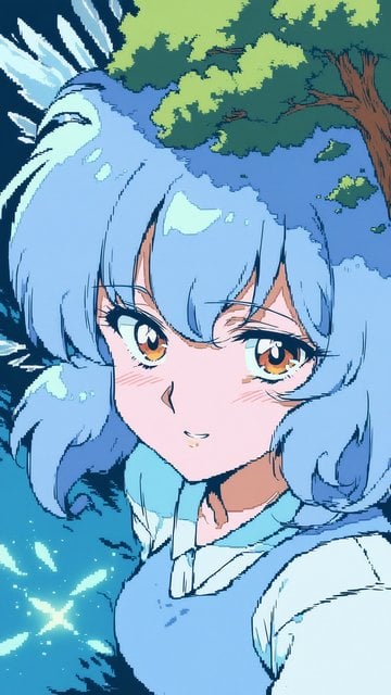 Pixel Anime Girl with Tree Hair and Glowing Water