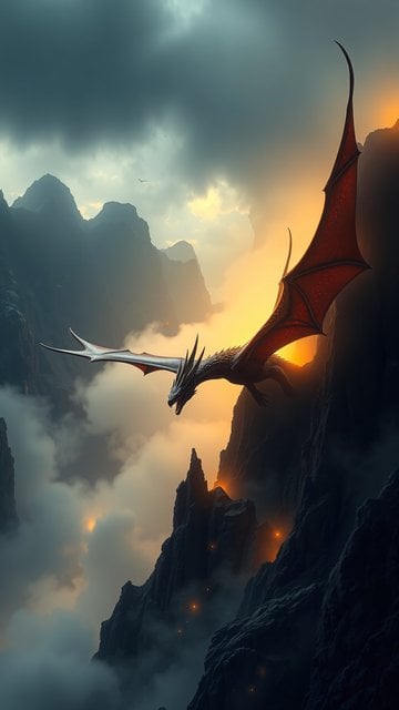 Fiery Dragon Soaring Over Misty Mountains at Sunset