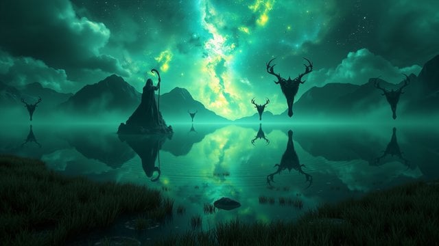 Mystic Lake Guardian under Cosmic Aurora Night