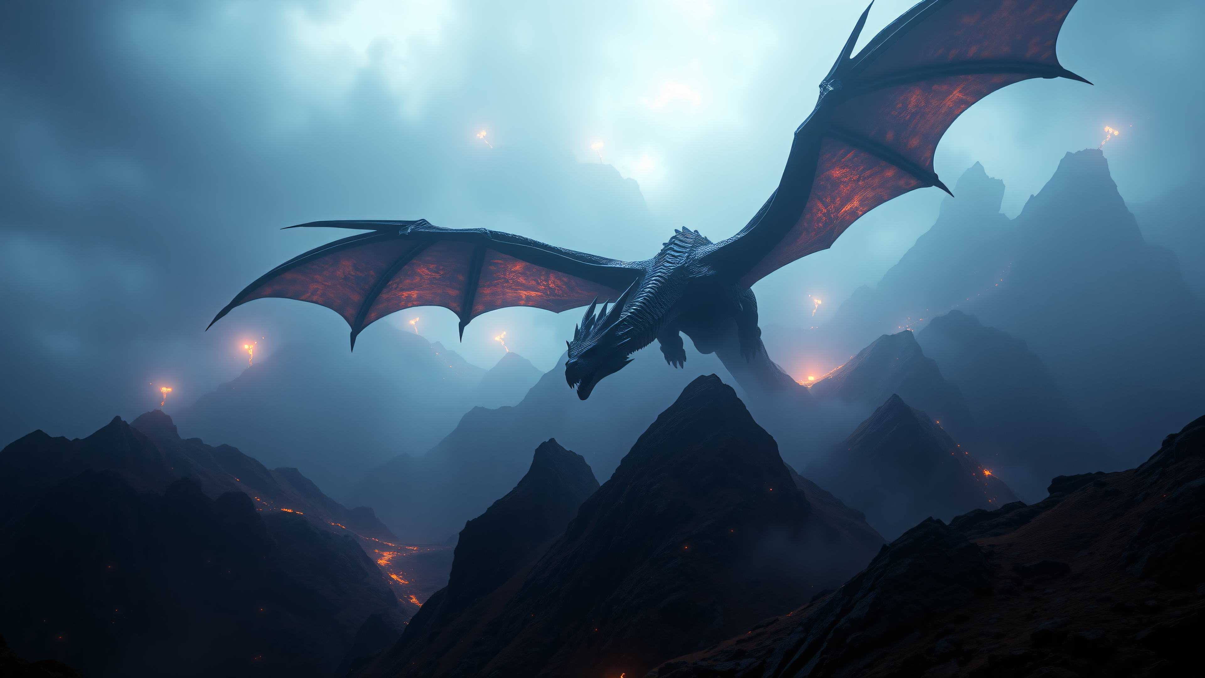 Dragon Flying Over Volcanic Mountains Wallpaper, dragon, fantasy, volcano, mountains, mist, dark fantasy