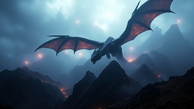 Dragon Flying Over Volcanic Mountains Wallpaper
