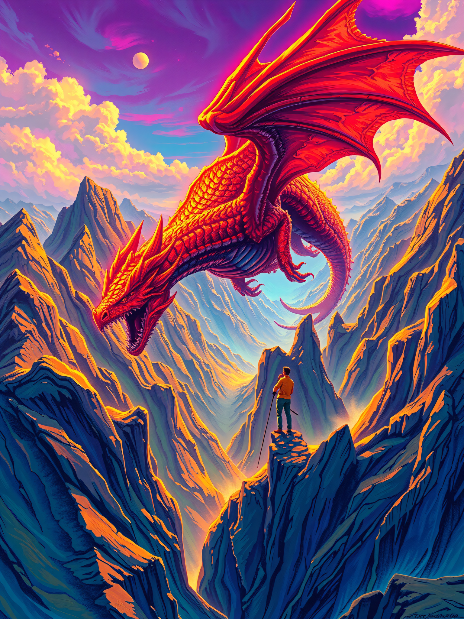 Red Dragon Over Mountain Valley Sunset Fantasy Art, red dragon, fantasy art, mountain valley, sunset, purple sky, adventure