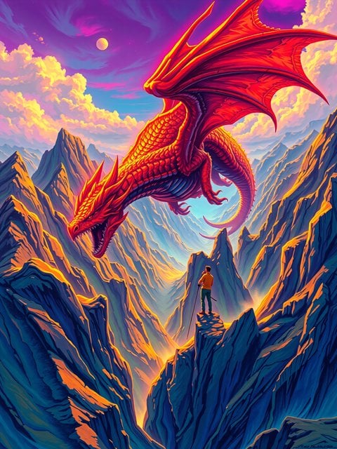 Red Dragon Over Mountain Valley Sunset Fantasy Art