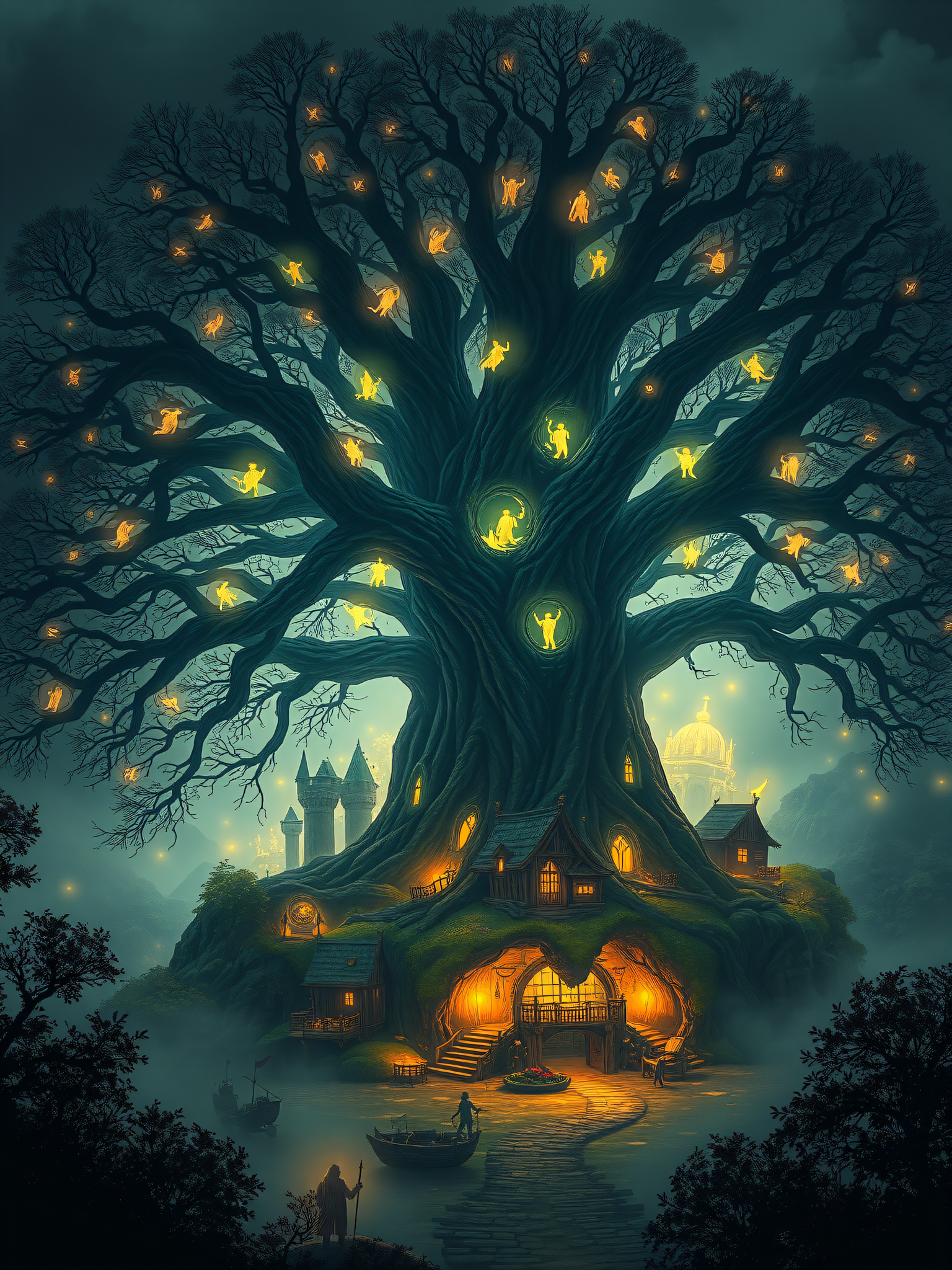 Enchanted Tree Village at Night with Glowing Spirits, fantasy tree, enchanted forest, glowing spirits, tree village, magical night, dark fantasy