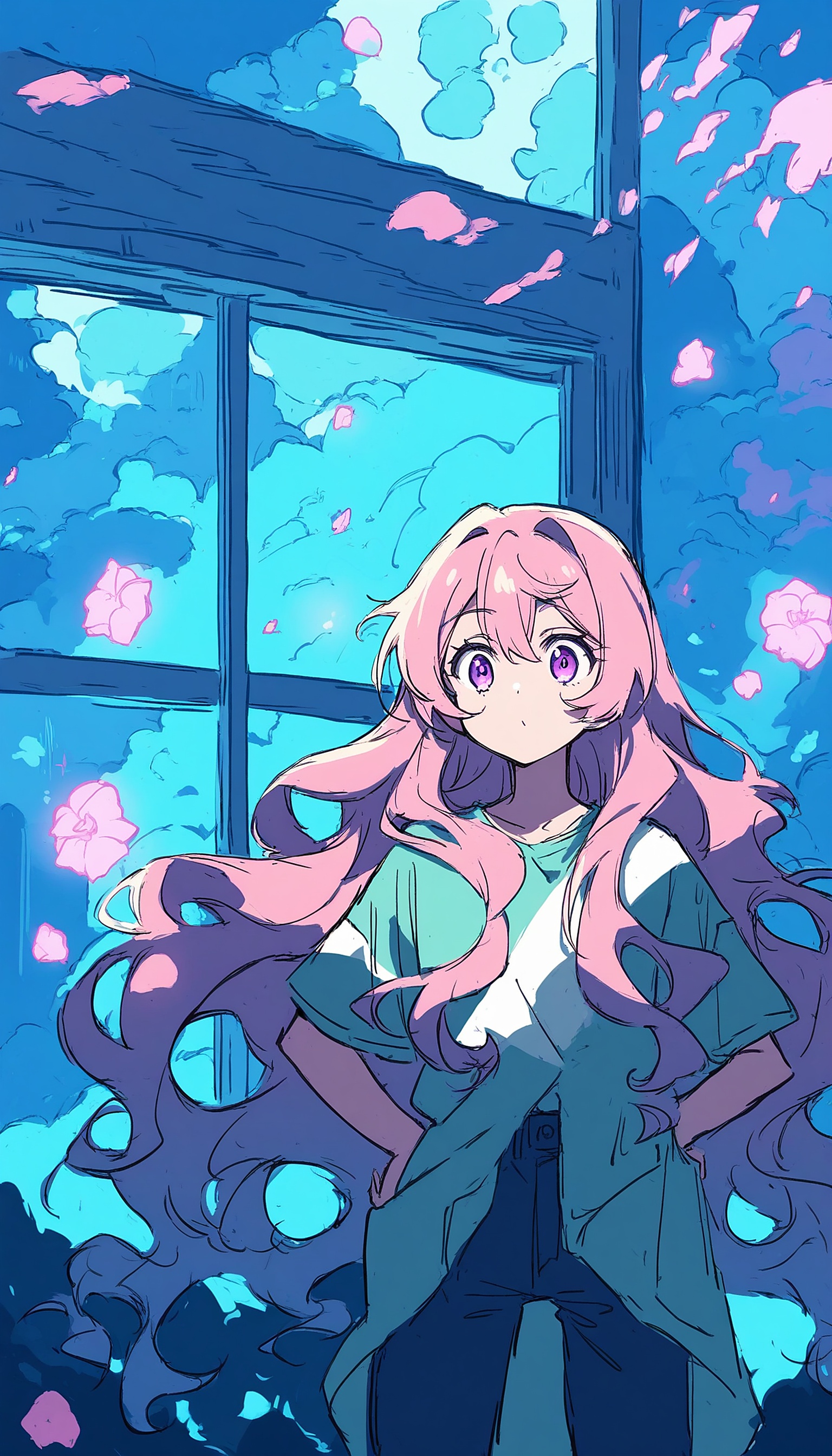 Anime Girl Pink Hair Blue Sky Fantasy Wallpaper, anime girl, pink hair, blue sky, fantasy, clouds, petals