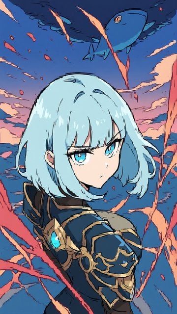 Anime Girl Warrior & Flying Whale Sunset Sky