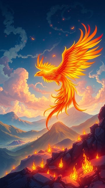 Fiery Phoenix Ascending over Mountains