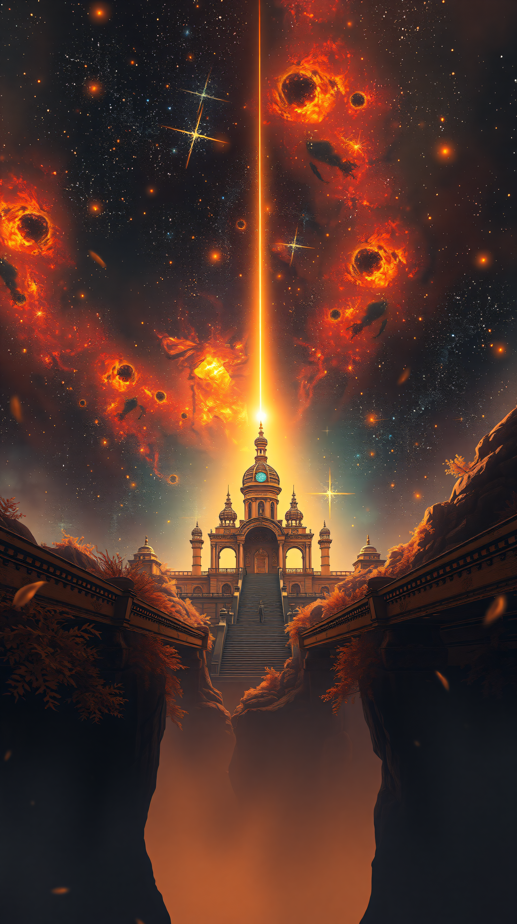 Cosmic Temple Gateway with Energy Beam, fantasy temple, cosmic sky, energy beam, ethereal, grand architecture, orange aesthetic