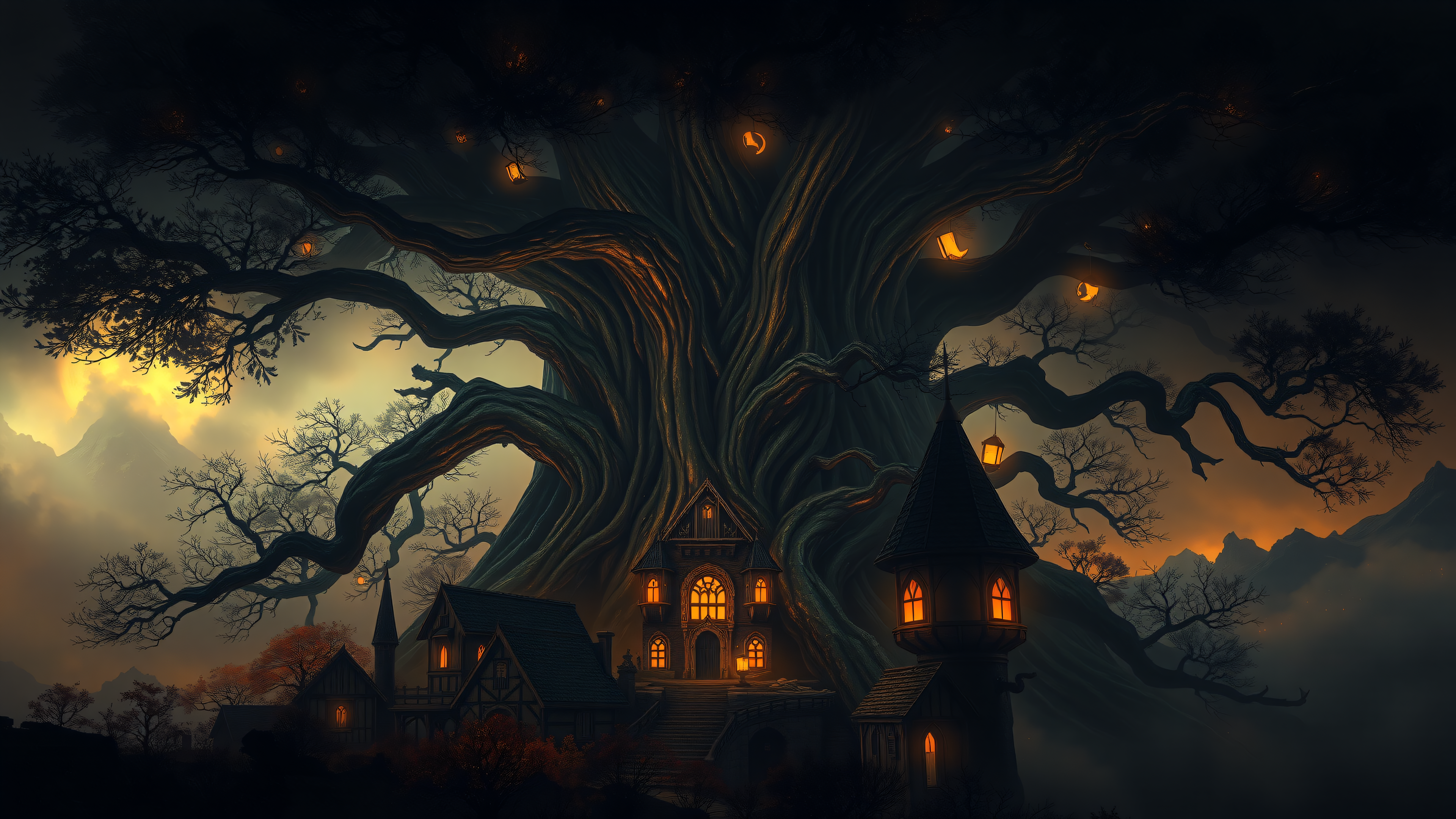 Enchanted Forest Village under Giant Tree, fantasy village, enchanted tree, mystical forest, magic lanterns, dark fantasy, cozy aesthetic
