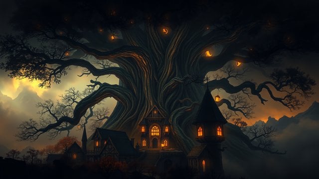 Enchanted Forest Village under Giant Tree