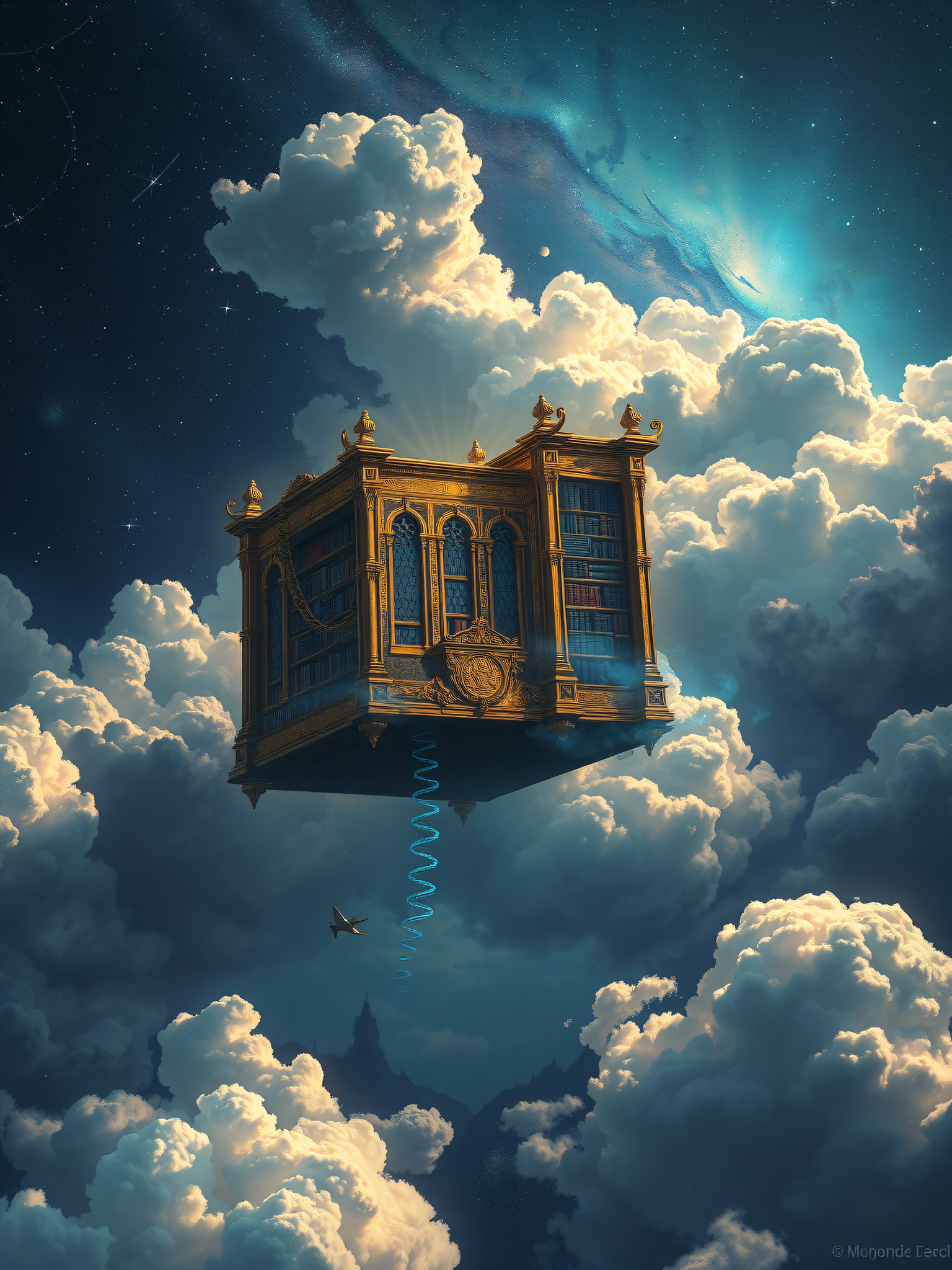 Floating Library in Cosmic Clouds, floating library, fantasy, clouds, celestial, cosmic, stars