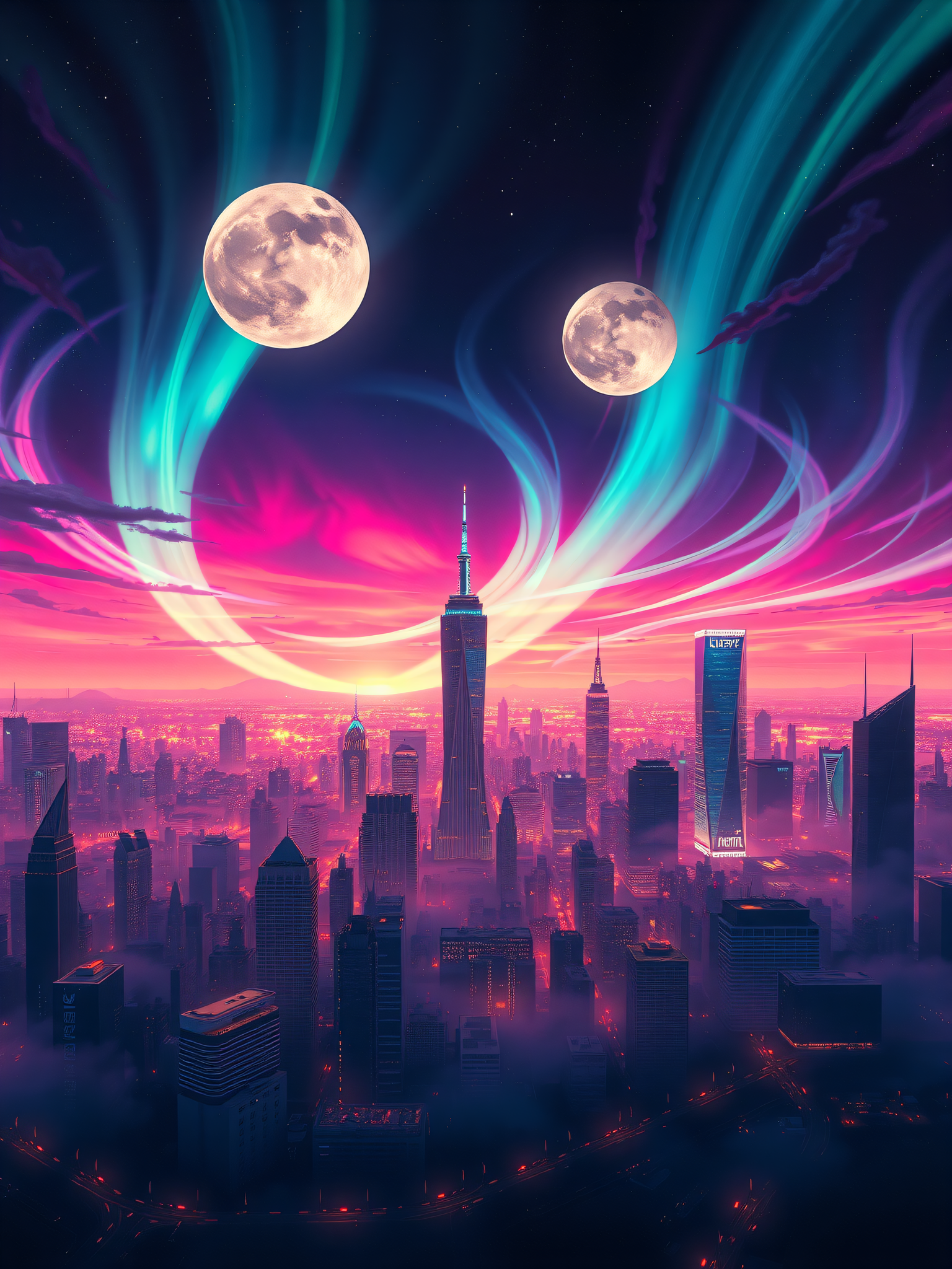 Dual Moons Over Neon Cyberpunk Cityscape at Sunset, cyberpunk city, futuristic city, dual moons, aurora sky, neon city, pink sunset