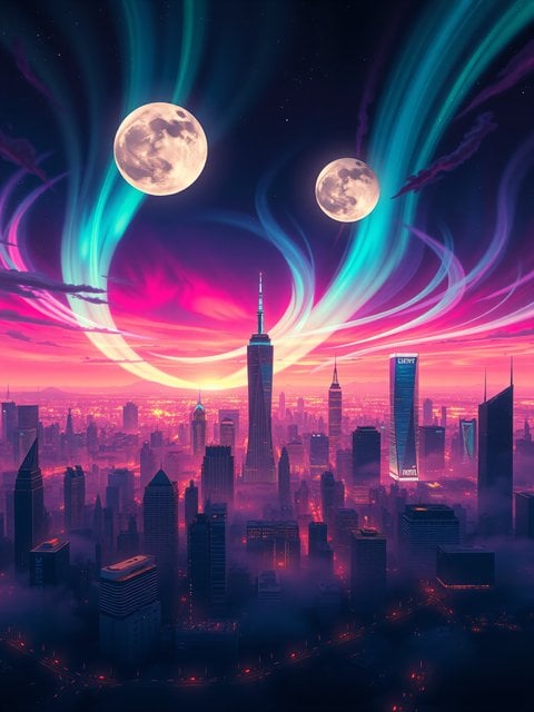 Dual Moons Over Neon Cyberpunk Cityscape at Sunset