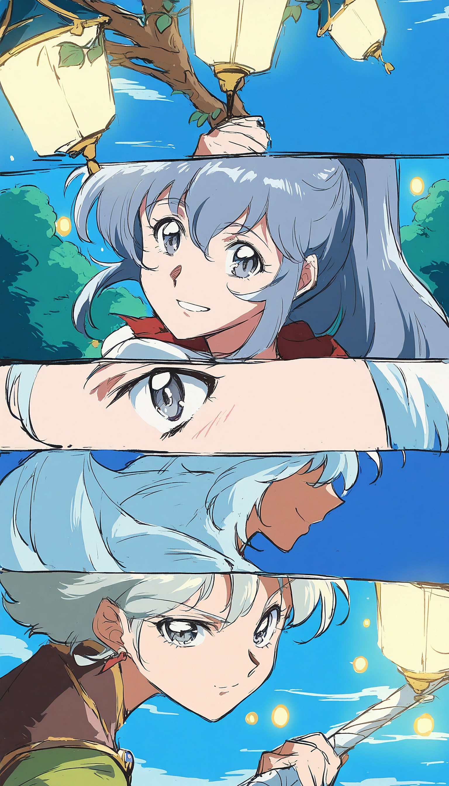 Anime Girls Holding Lanterns Under Blue Sky, anime girls, lanterns, blue sky, anime aesthetic, fantasy art, mobile wallpaper