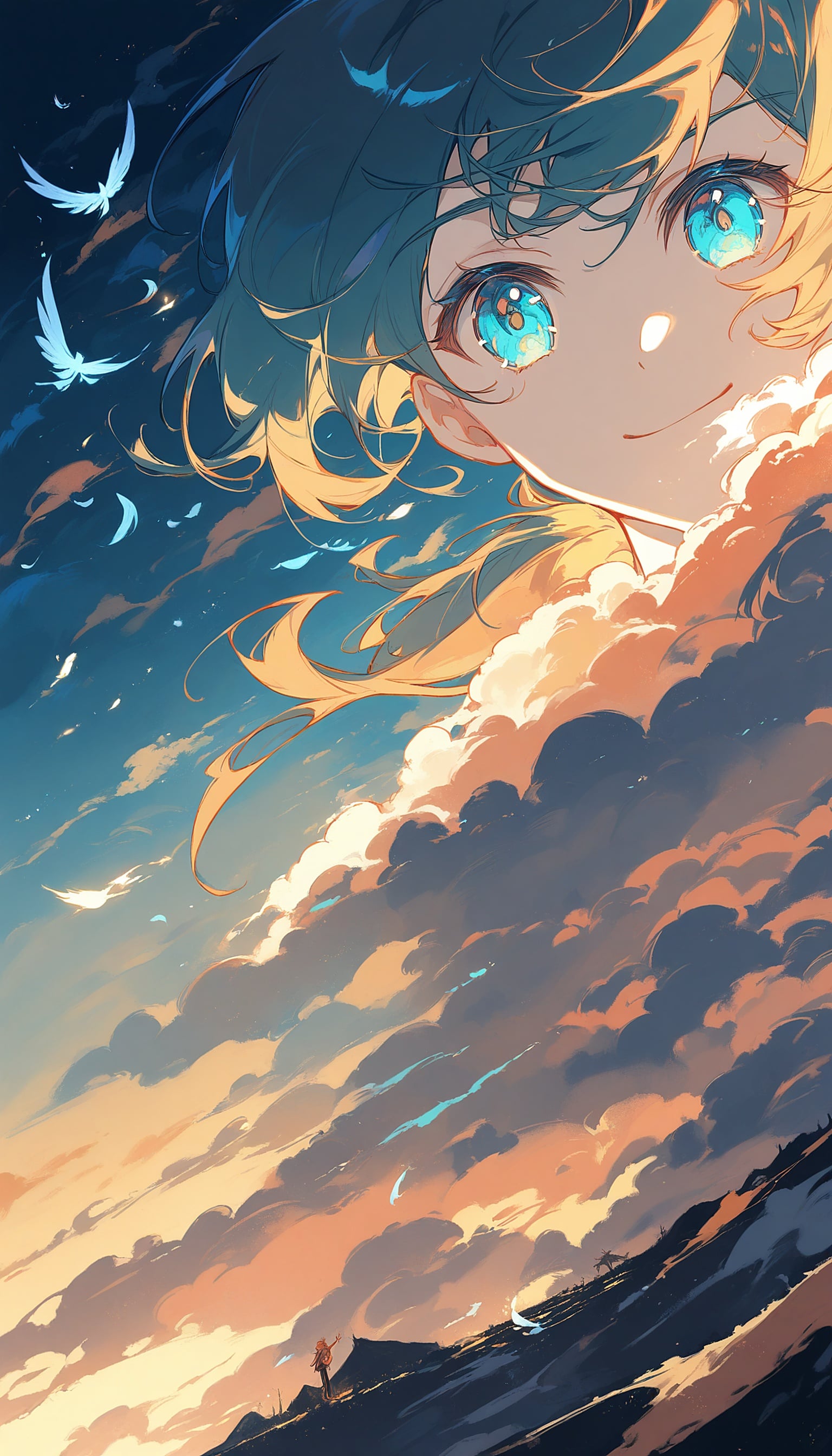 Anime Girl Sky Gazer with Sunset Clouds, anime girl, sky gazing, sunset clouds, fantasy art, dreamy aesthetic, blue eyes