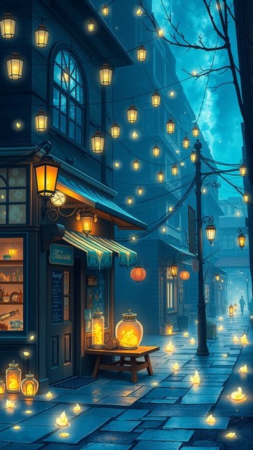 Magical Night City Street Lanterns Wallpaper