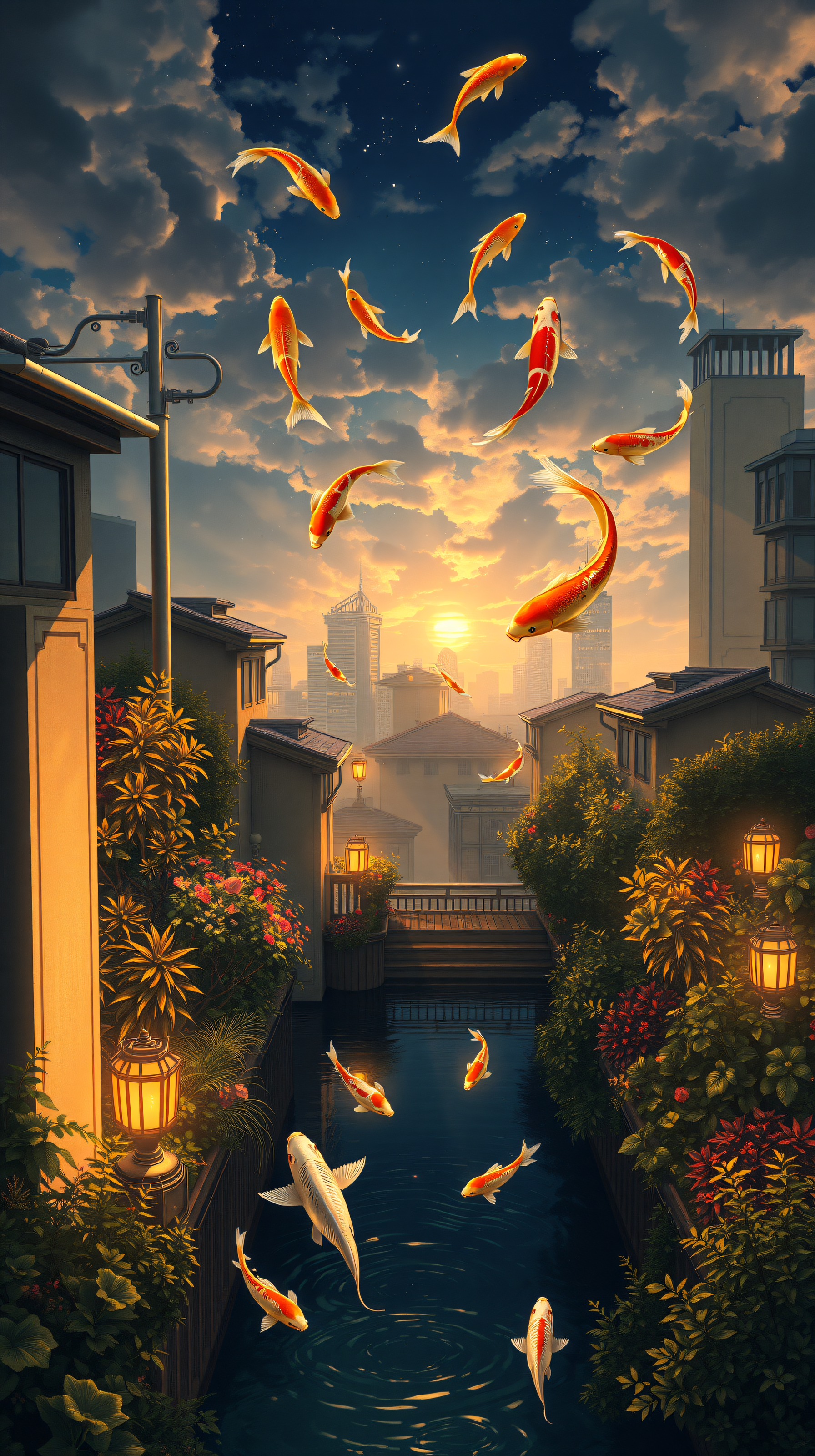 Flying Koi Fish Over City at Sunset, koi fish, flying fish, sunset city, japanese aesthetic, fantasy art, urban fantasy