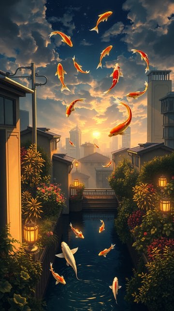 Flying Koi Fish Over City at Sunset