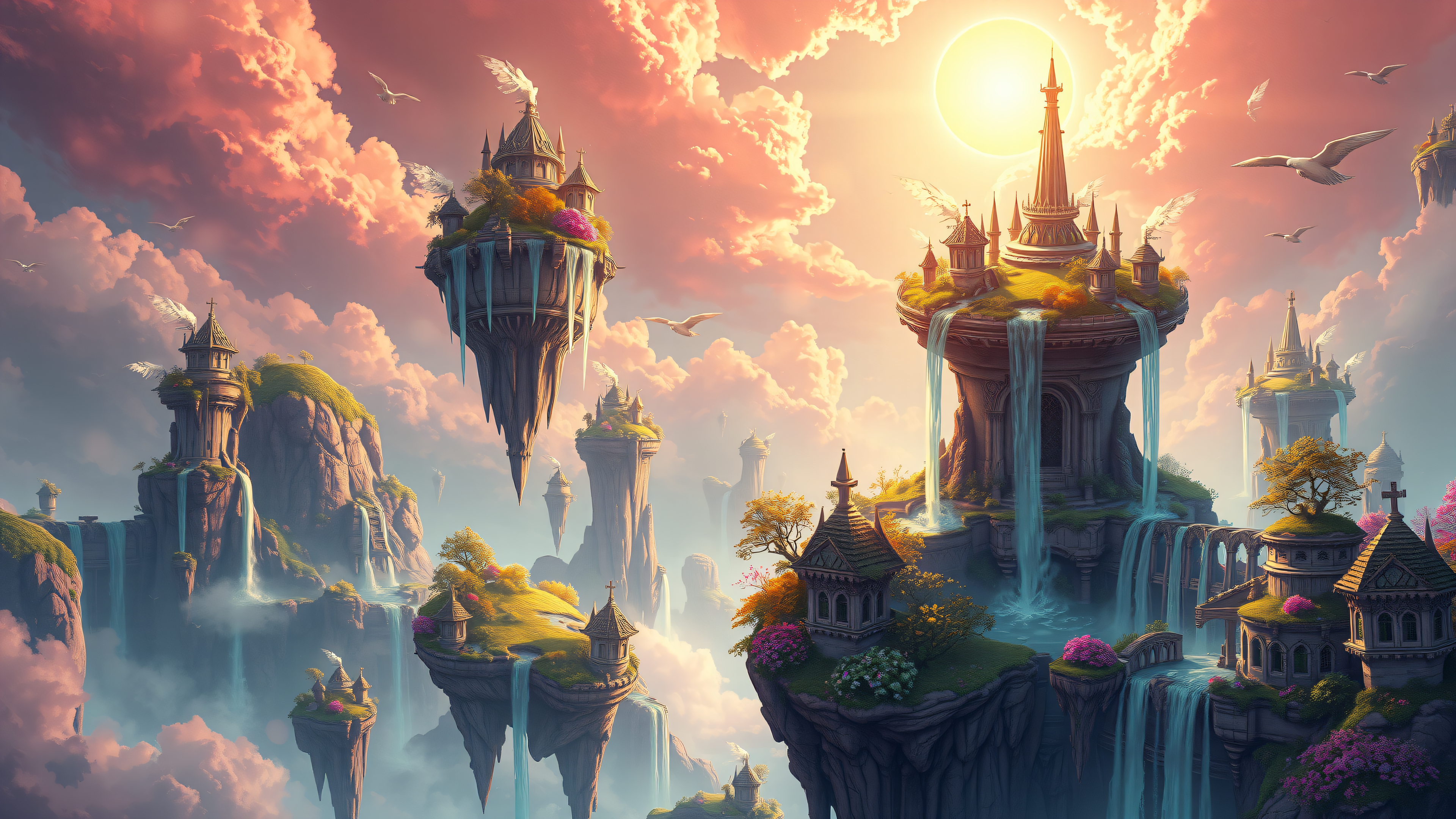 Floating Islands Castle Sunset Fantasy Wallpaper, floating islands, fantasy castle, waterfall, sunset sky, dreamy landscape, digital art
