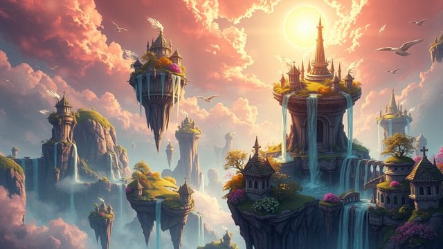 Floating Islands Castle Sunset Fantasy Wallpaper