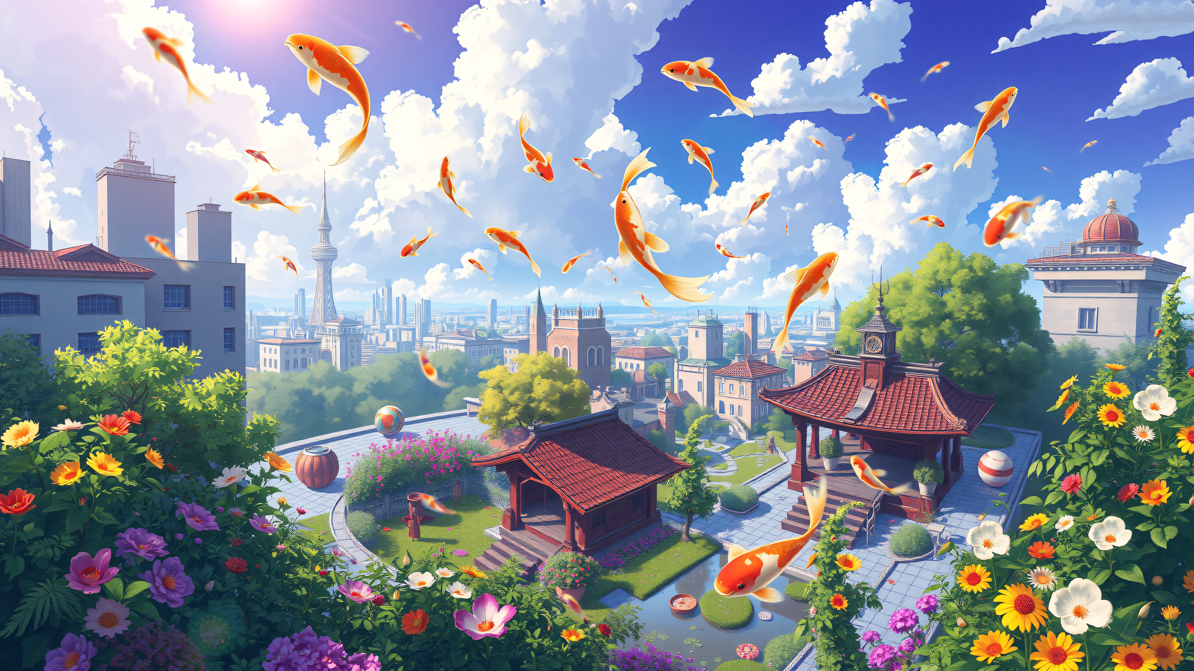 Flying Koi Fish Over Serene City Garden, koi fish, flying fish, japanese garden, anime aesthetic, fantasy city, nature