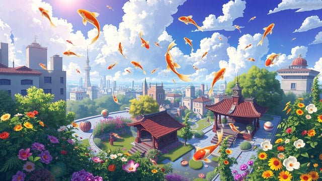Flying Koi Fish Over Serene City Garden