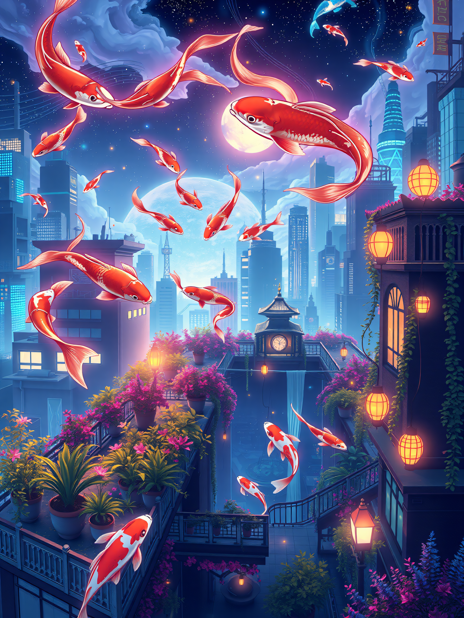 Floating Koi Fish in Neon Fantasy Cityscape Night, koi fish, fantasy cityscape, night scene, glowing moon, urban fantasy, japanese lanterns
