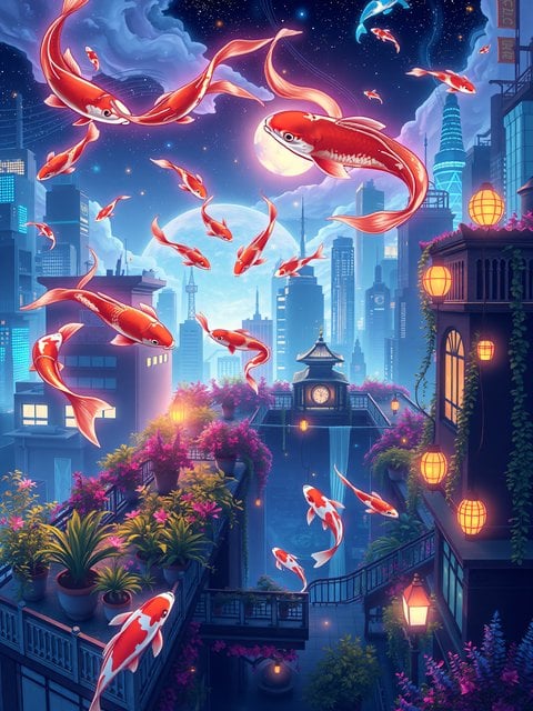 Floating Koi Fish in Neon Fantasy Cityscape Night