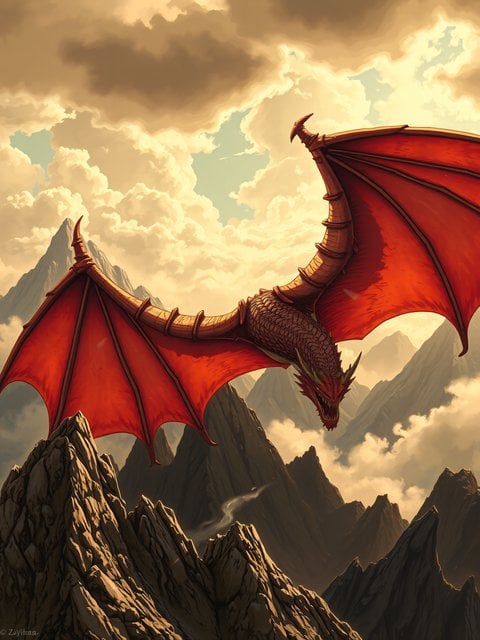 Red Dragon Flying Over Mountain Peaks Fantasy Art