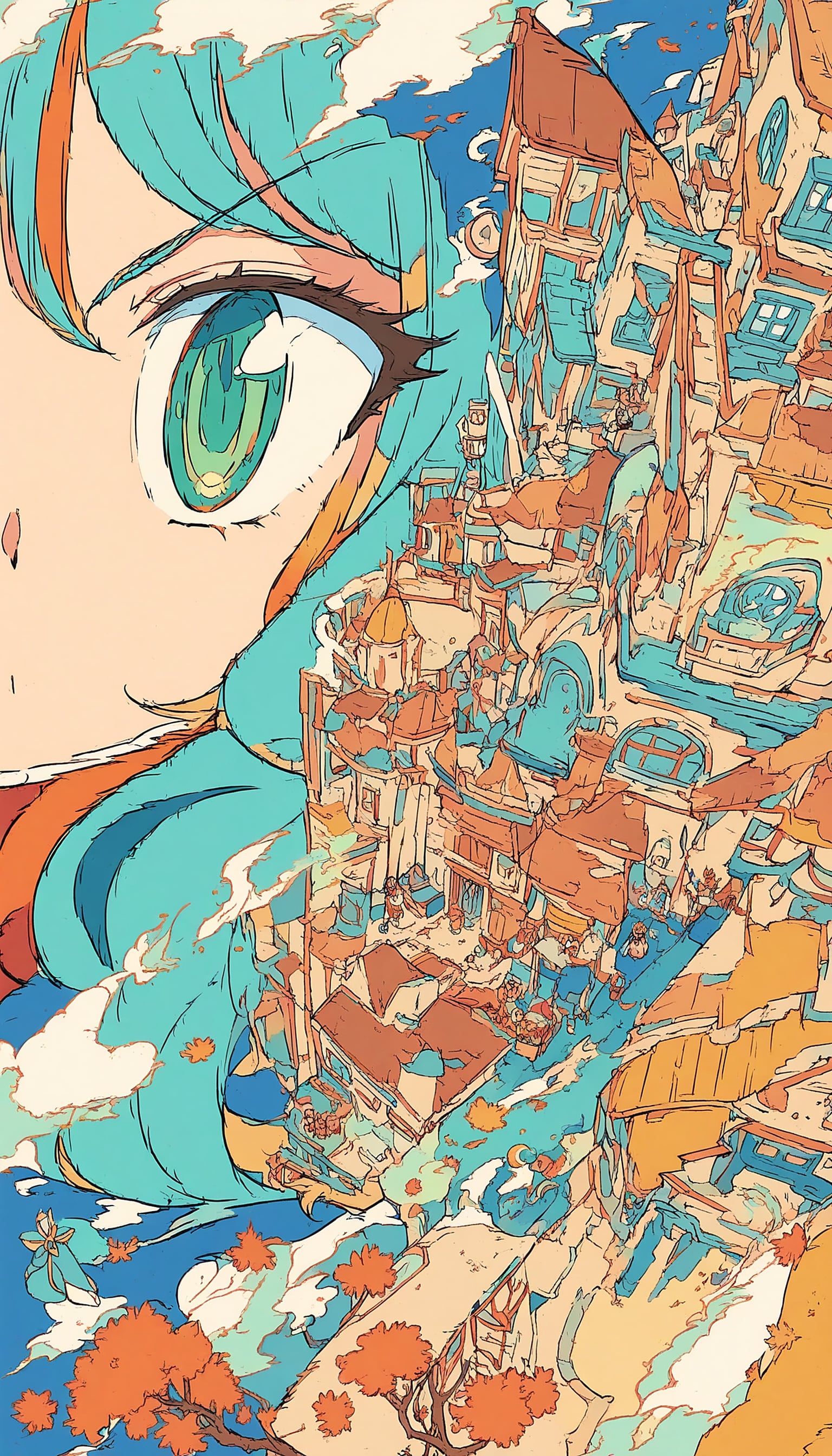 Anime Girl Eye and Fantasy Town Digital Art, anime girl, fantasy town, digital art, cel shaded, teal hair, expressive eye