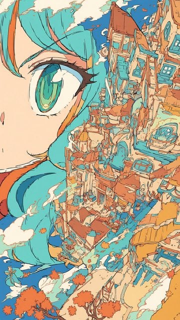 Anime Girl Eye and Fantasy Town Digital Art